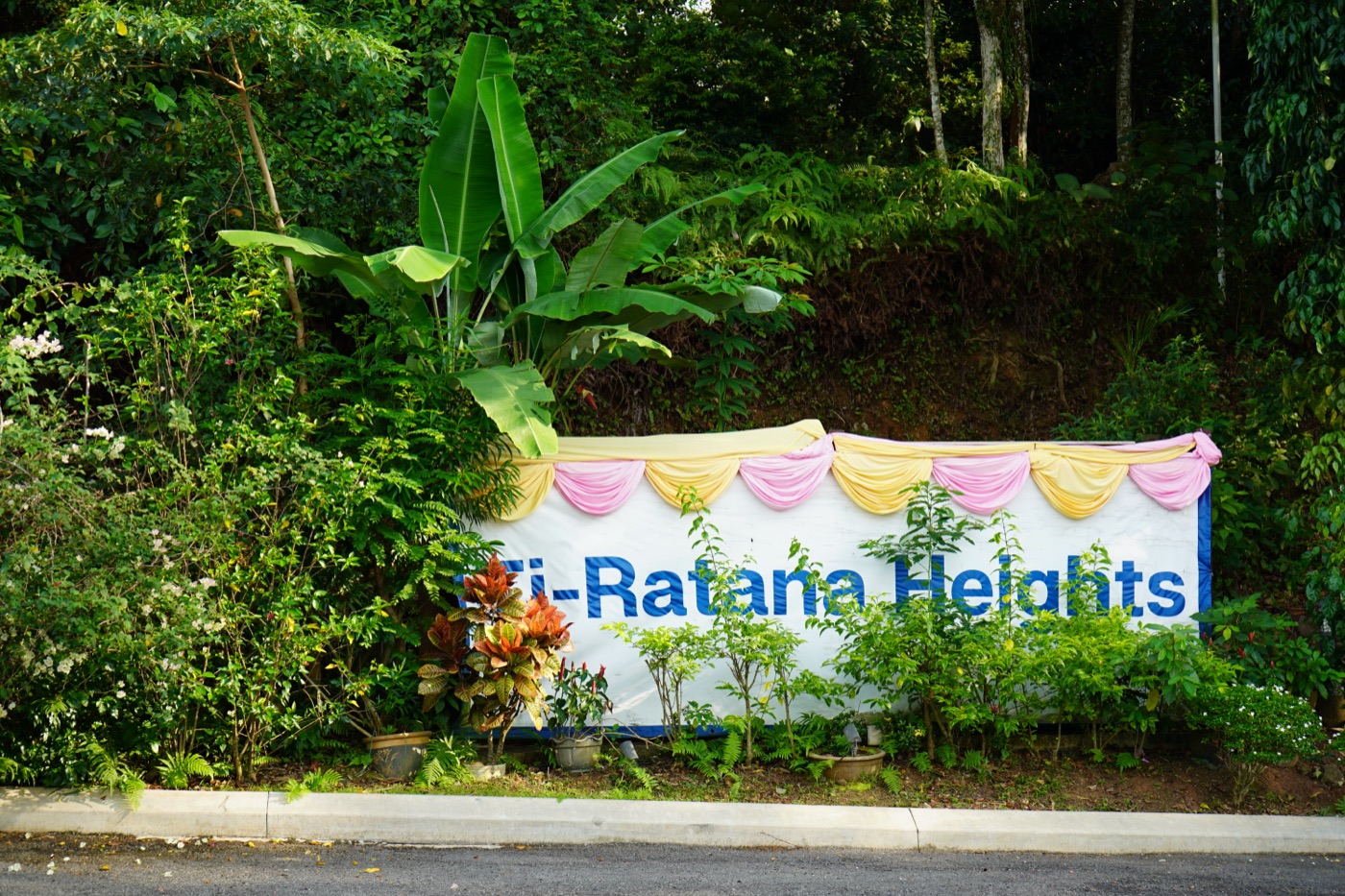 The Ti-Ratana Heights entrance sign surrounded by lush hillside greenery